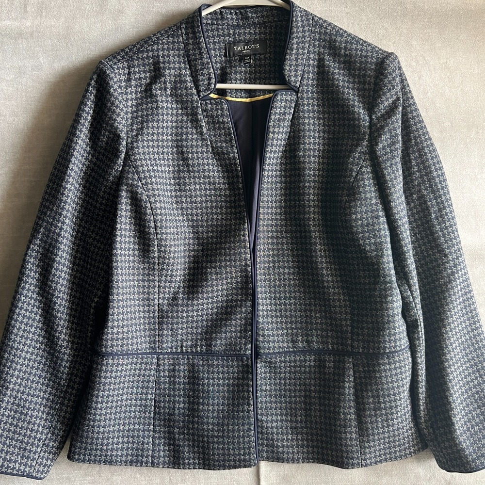 Talbots 14P Petite Navy Gray‎ Houndstooth Open Front Blazer Career Jacket